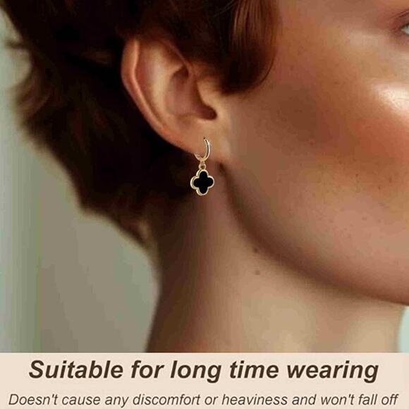 Four Leaf Clover Earrings Hoop Dangle 14K Gold Clover Earrings Non Tarnish Black - Picture 9 of 11